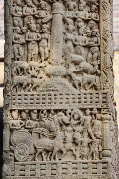 Stupa South Gateway Left Pillar Front Face Panel Ashoka Visitors — стокове фото