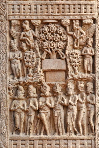 Stupa West Gateway Right Pillar Front Face Panel Bodhi Tree — Fotografia de Stock