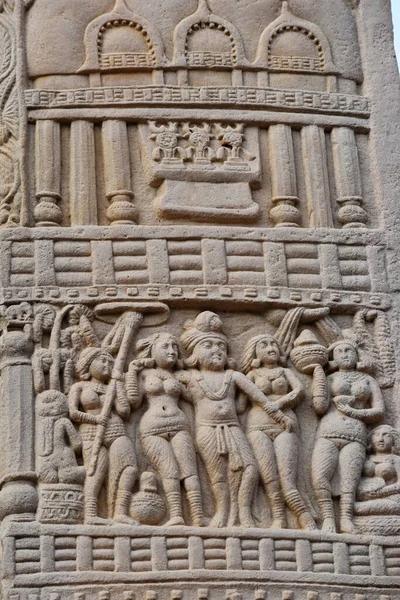 Stupa South Gateway Left Pillar Panel Trauriger König Mit Seiner — Stockfoto