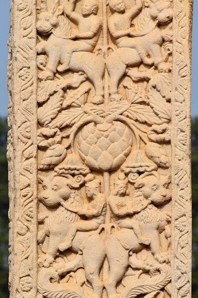 Stupa West Gateway Right Pillar Face Decorações Esculpidas Figuras Animais — Fotografia de Stock