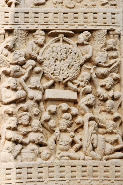 Stupa West Gateway Left Pillar Panel König Muchalinda Mit Sieben — Stockfoto