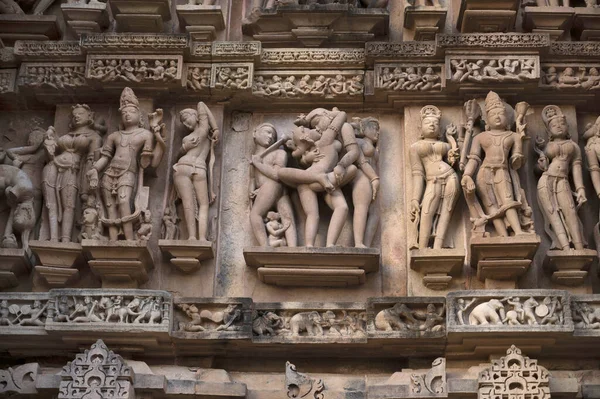 Lakshmana Temple Erotyczna Rzeźba Ścianie Grupa Zachodnia Khajuraho Madhya Pradesh — Zdjęcie stockowe