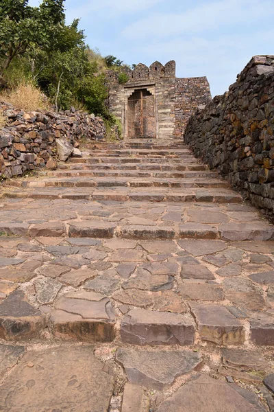 Kapı no. 'nun dikey görüntüsü. 1 Fort 'un taş merdivenleri, 11. yüzyılda inşa edilmiş, Madhya Pradesh, Hindistan.