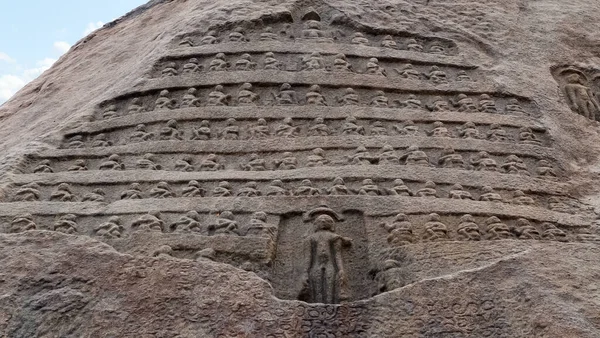Mahavir Jain 'in Taş Heykeli ve takipçileri, Shravanbelagola, Karnataka, Hindistan