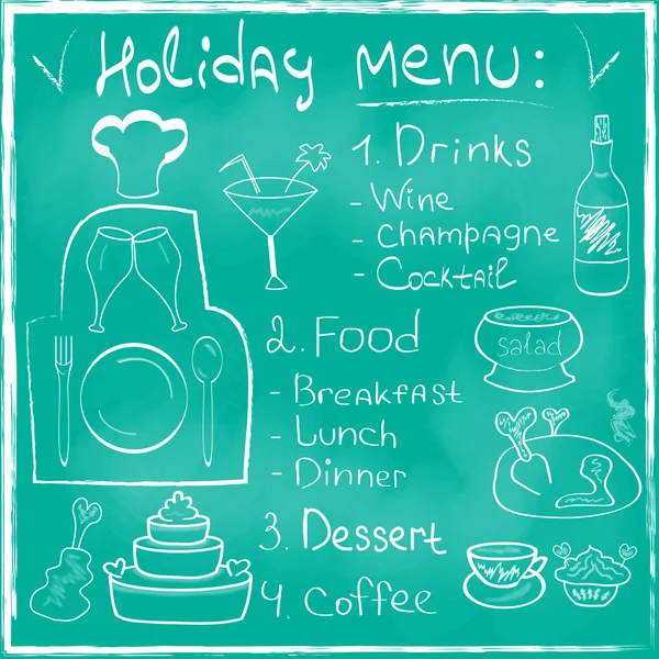 节日食品菜单设置手工绘制在黑板上的餐厅，设计款式新潮有机食品概念向量中 图库插图