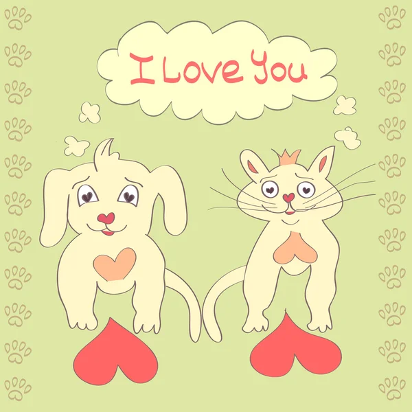 Sevgililer köpek ve kedi sevimli çizgi karakter aşk kalp Sevgililer günü tebrik kartı elle çizilmiş trendy renkler romantik kavramı vektör — Stok Vektör