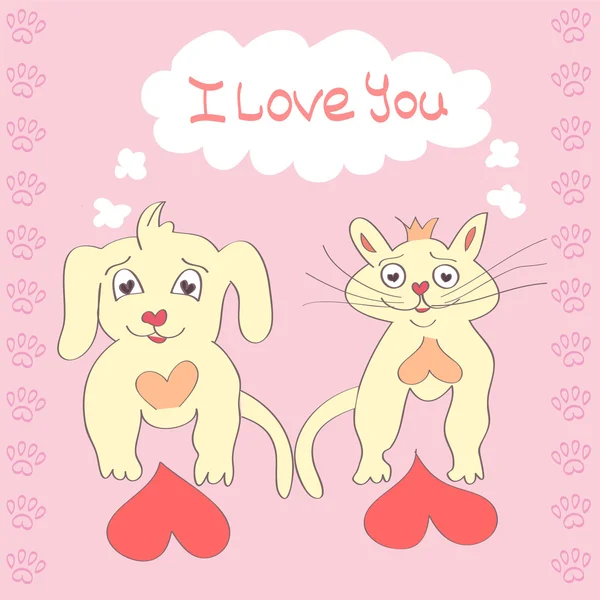 Sevgililer köpek ve kedi sevimli çizgi karakter aşk kalp Sevgililer günü tebrik kartı elle çizilmiş trendy renkler romantik kavramı vektör — Stok Vektör