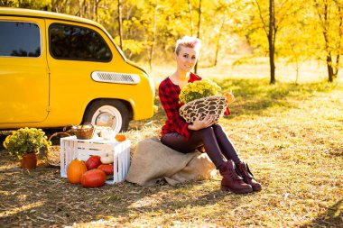 Güz parkında sarı arabanın yanında çiçekli ve balkabaklı güzel bir kadın.
