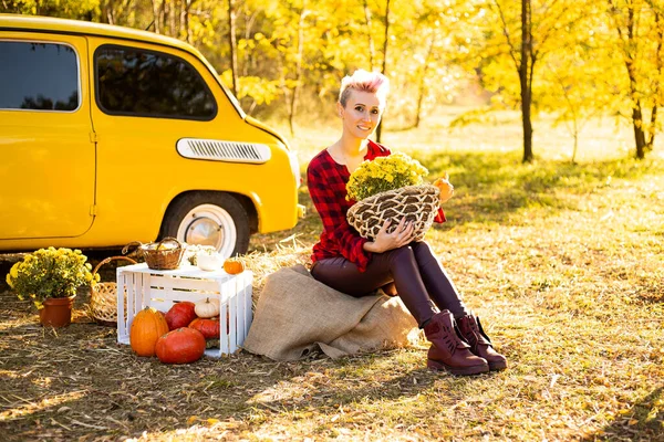 Güz parkında sarı arabanın yanında çiçekli ve balkabaklı güzel bir kadın.