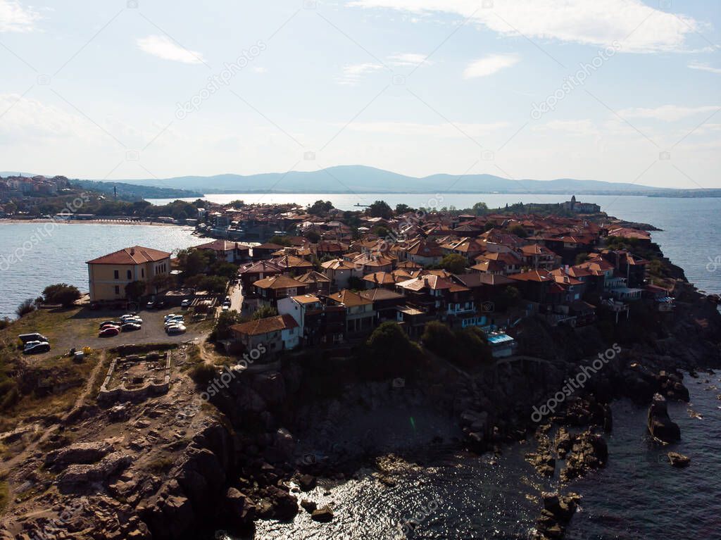 Sozopol, Bulgaria - Aerial view of medieval city and Black Sea. Drone view from above. Summer holidays destination