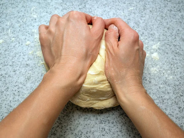 Hands Young Girls Kneading Dough Table Top View Close — 图库照片