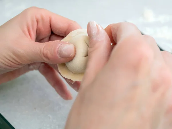 Hands Girl Making Homemade Dumplings Close Homemade Food — Fotografia de Stock
