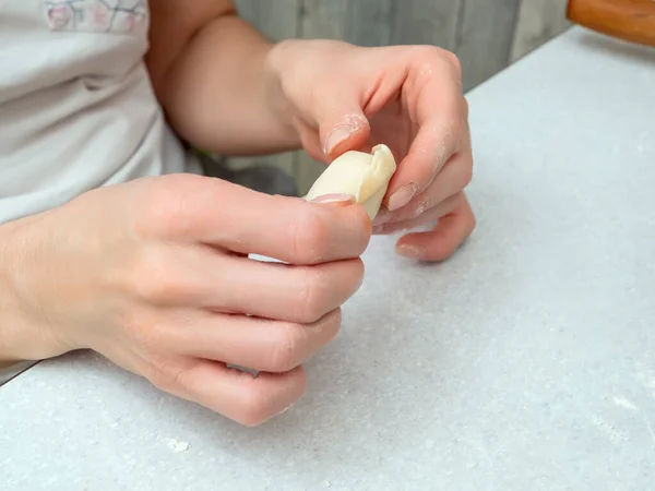 Hands Girl Making Homemade Dumplings Close Homemade Food — 스톡 사진