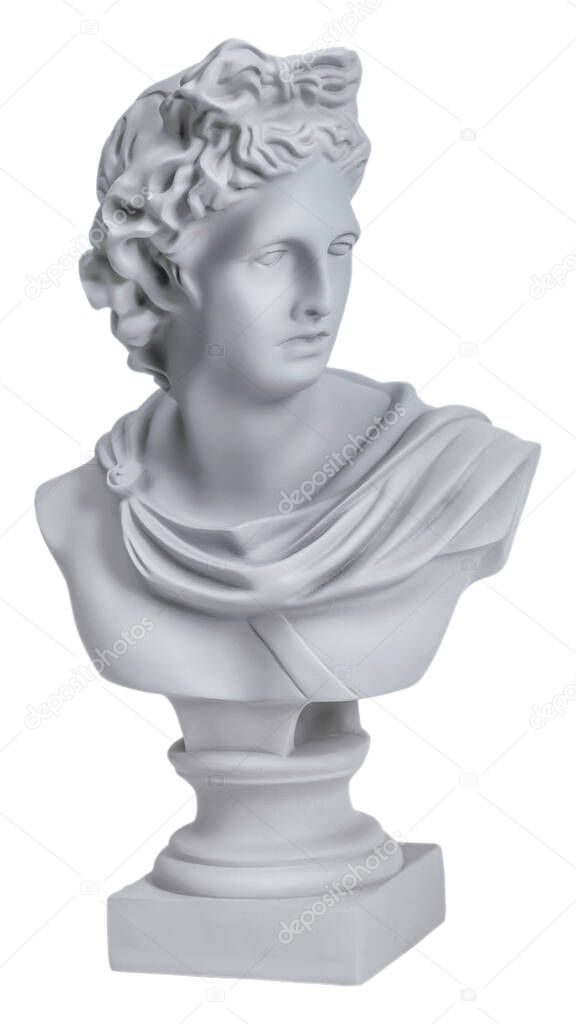 Head of gypsum statue of Apollo Belvedere isolated on a white background. Antique statue.