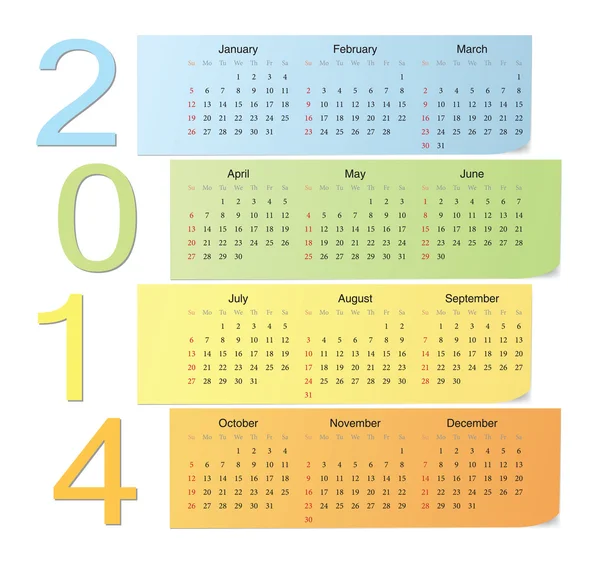 Calendrier vectoriel couleur 2014 — Image vectorielle