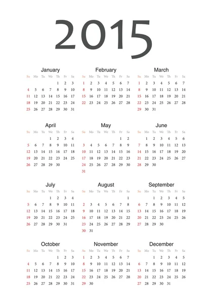 Calendário vetor do ano 2015 europeu — Vetor de Stock