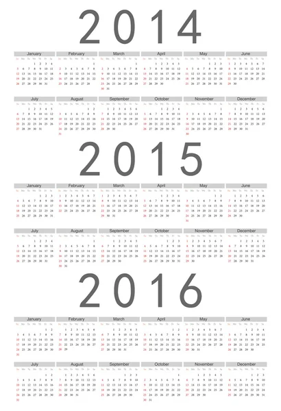 Calendario vettoriale europeo 2014, 2015, 2016 — Vettoriale Stock