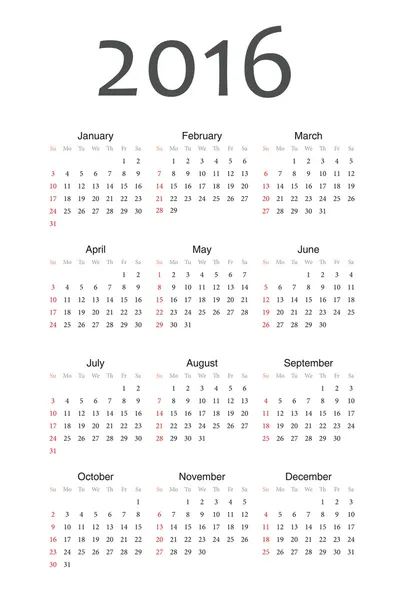 Calendario vectorial europeo 2016 año — Archivo Imágenes Vectoriales