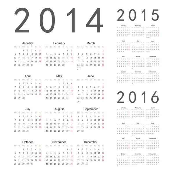 Calendario vectorial europeo 2014, 2015, 2016 años — Vector de stock