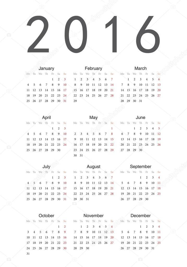 Simple Calendar 2016 Vector Image By C Julvil11 Vector Stock 21941369