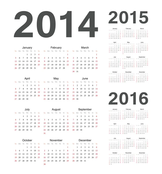 Calendario vectorial europeo 2014, 2015, 2016 años — Vector de stock