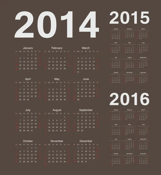 Calendario vettoriale europeo 2014, 2015, 2016 — Vettoriale Stock
