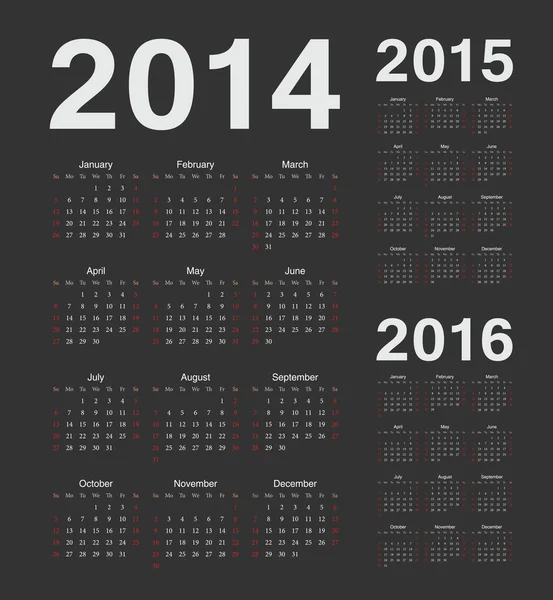Calendario vectorial europeo 2014, 2015, 2016 años — Archivo Imágenes Vectoriales