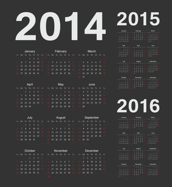 Calendario vectorial europeo 2014, 2015, 2016 años — Vector de stock