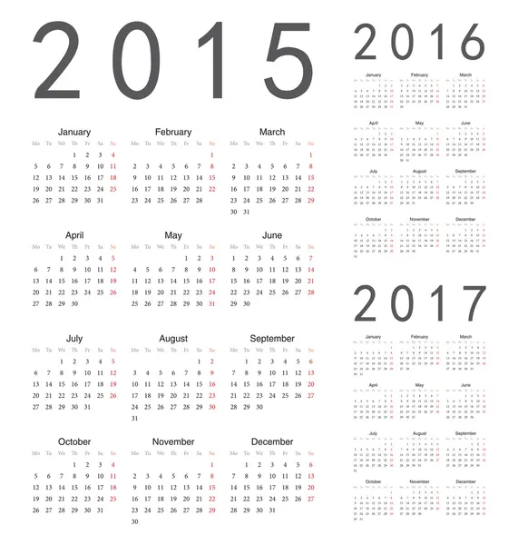 Calendario vectorial europeo 2015, 2016, 2017 años — Archivo Imágenes Vectoriales