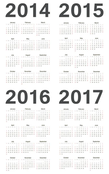 Europejskiej 2014, 2015, 2016, 2017 roku wektor kalendarze — Wektor stockowy