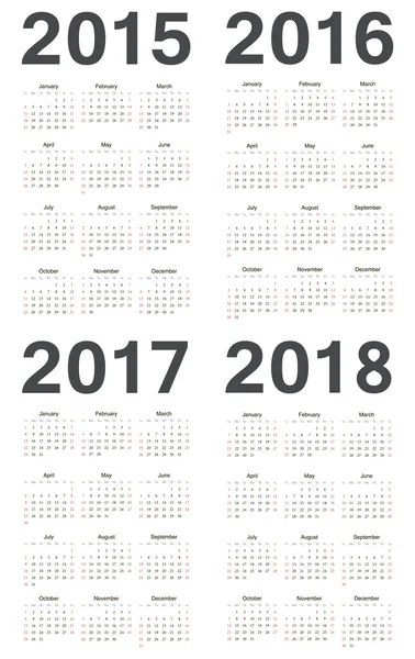 Calendario vettoriale europeo 2015, 2016, 2017, 2018 — Vettoriale Stock