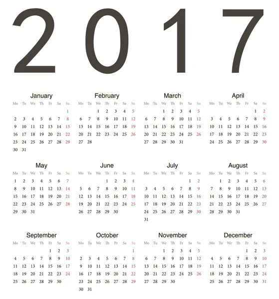 Calendario cuadrado europeo simple 2017 — Vector de stock