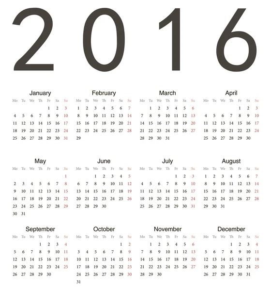 Calendrier carré européen simple 2016 — Image vectorielle