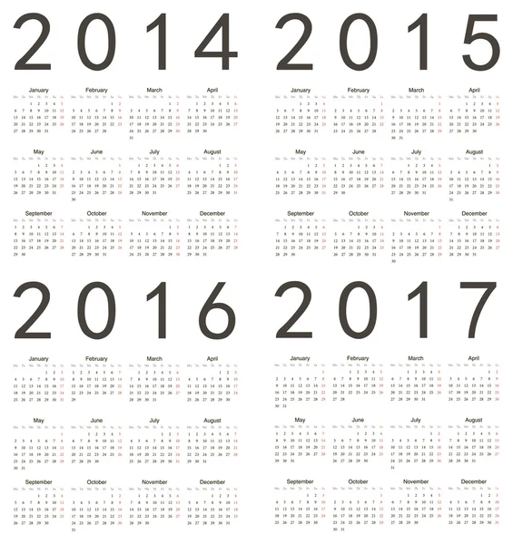 Set of square european 2014, 2015, 2016, 2017 year calendars. — Stock Vector