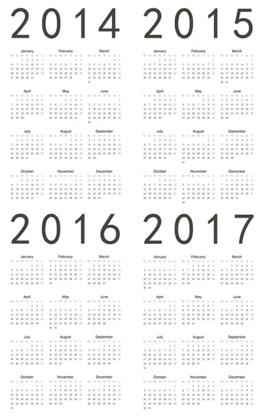 Set of european 2014, 2015, 2016, 2017 calendars — Stock Vector