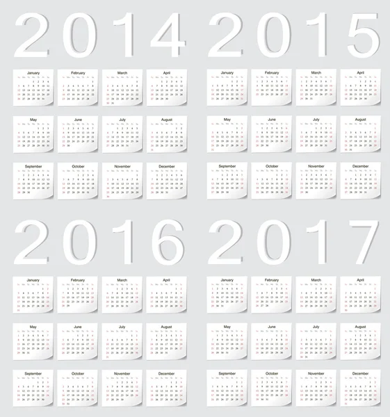 Set of european 2014, 2015, 2016, 2017 calendars — Stock Vector