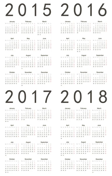 Conjunto de calendarios europeos 2015, 2016, 2017, 2018 — Archivo Imágenes Vectoriales