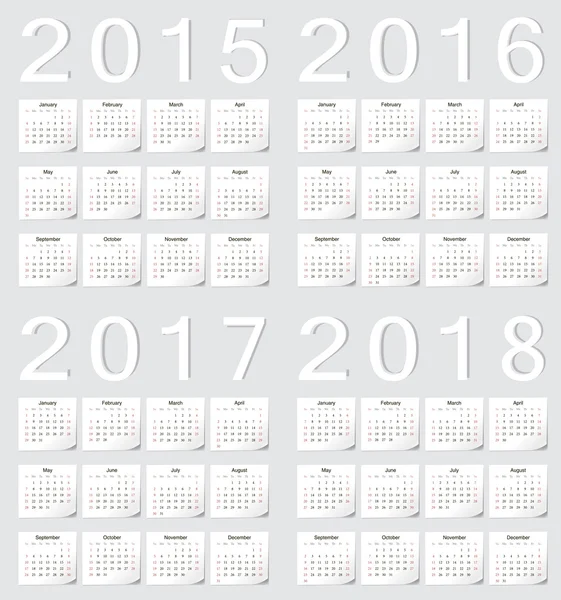 Set of european 2015, 2016, 2017, 2018 calendars — Stock Vector