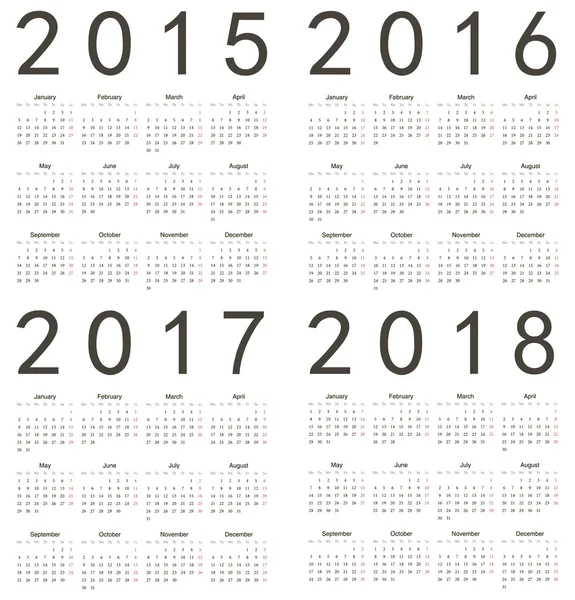 Set of square european 2015, 2016, 2017, 2018 year calendars. — Stock Vector