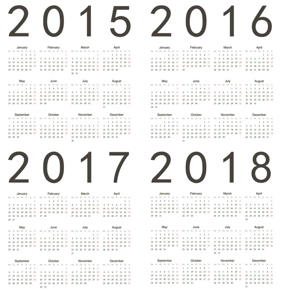 A tér európai 2015, 2016, 2017, 2018 naptárak beállítása. — Stock Vector