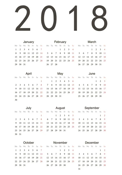 Calendario simple 2018 — Vector de stock