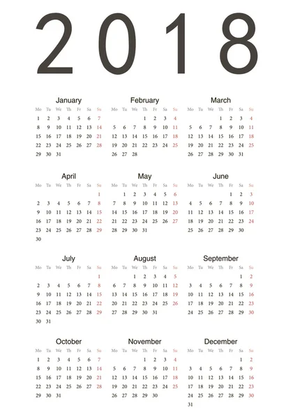 Calendário simples 2018 — Vetor de Stock