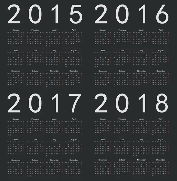 Set of black square european 2015, 2016, 2017, 2018 year calenda — Stock Vector