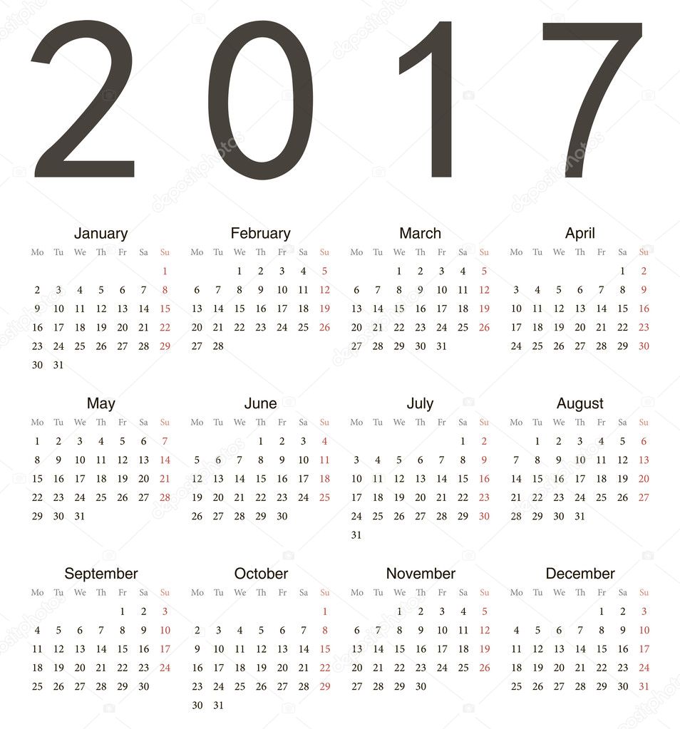 Simple european square calendar 2017