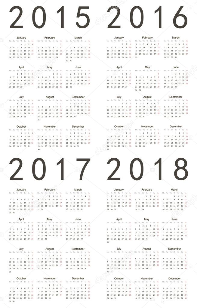 Set of european 2015, 2016, 2017, 2018 calendars