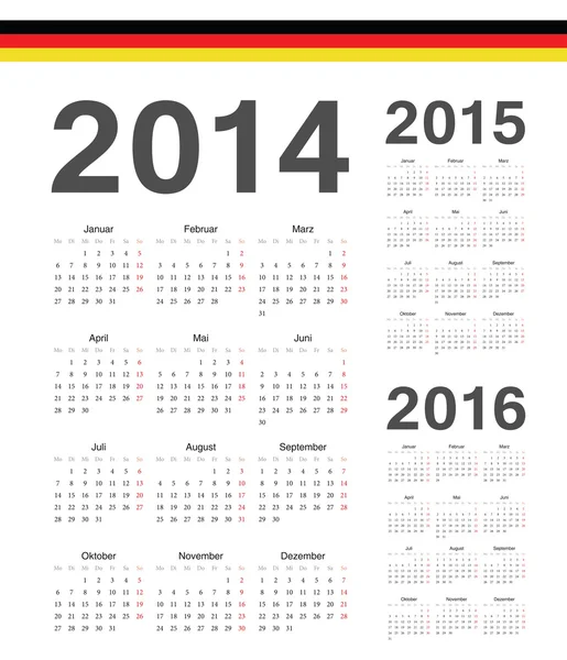 Set van Duits 2014, 2015, jaar van 2016 vector kalenders — Stockvector