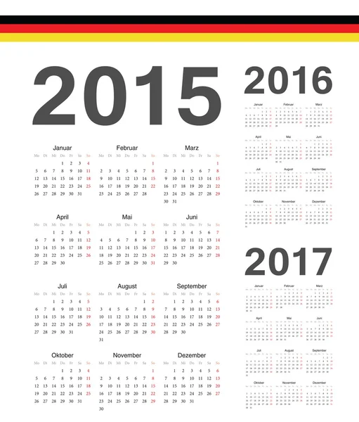 Set di calendari vettoriali tedeschi 2015, 2016, 2017 — Vettoriale Stock