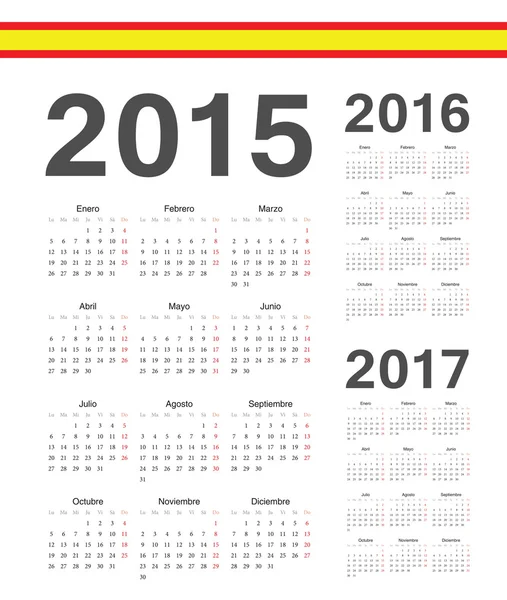 Zestaw hiszpański 2015 2016, 2017 roku wektor kalendarze — Wektor stockowy