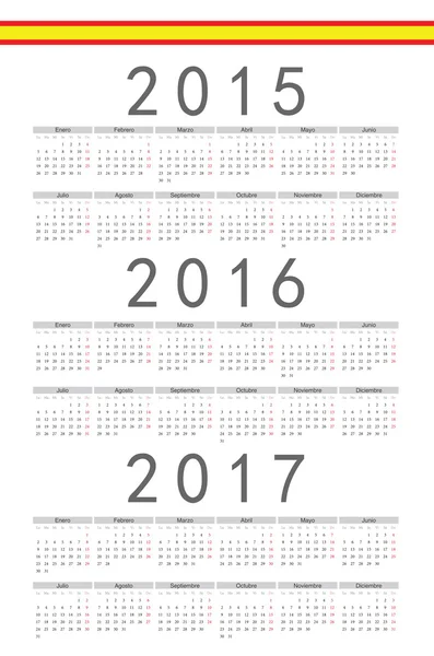 Spanish 2015, 2016, 2017 year vector calendar — Stock Vector