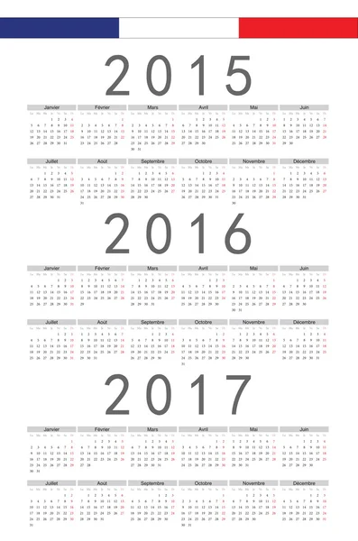 Franska 2015, 2016 2017 år vektor kalender — Stock vektor